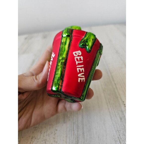 Believe present glass ornament Xmas tree glitter red green - Picture 5 of 7